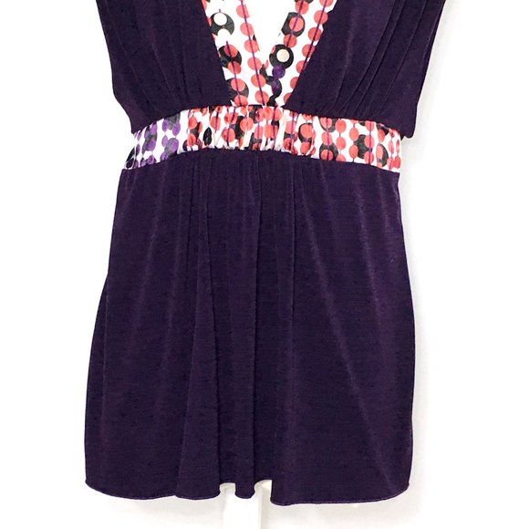 XOXO Purple Red Tan Black White Top Blouse Shirt M Geometric Circle Dots Print - Picture 6 of 9